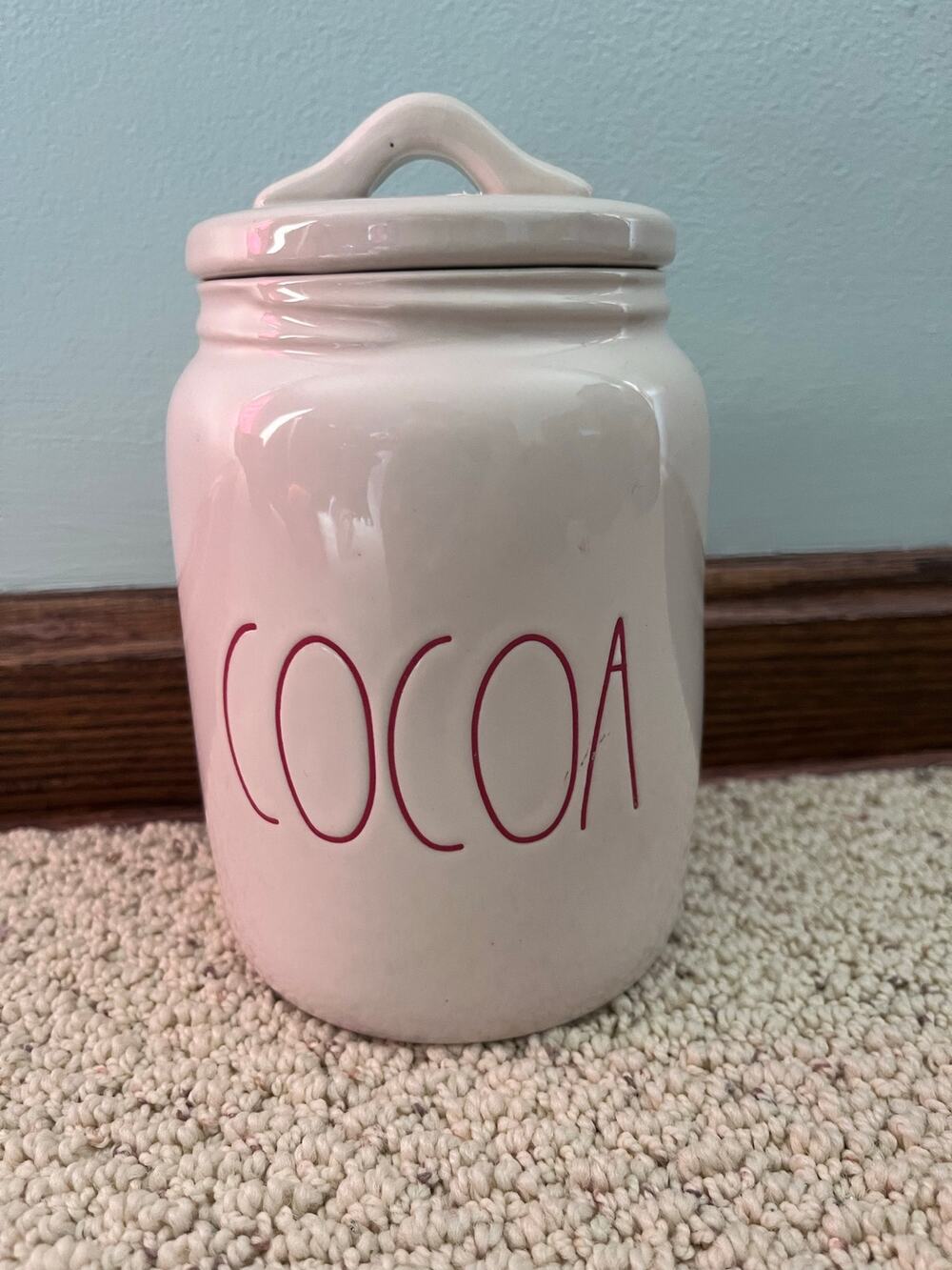 Rae Dunn COCOA Ceramic Canister Red Letters Holiday Christmas Jar Lid